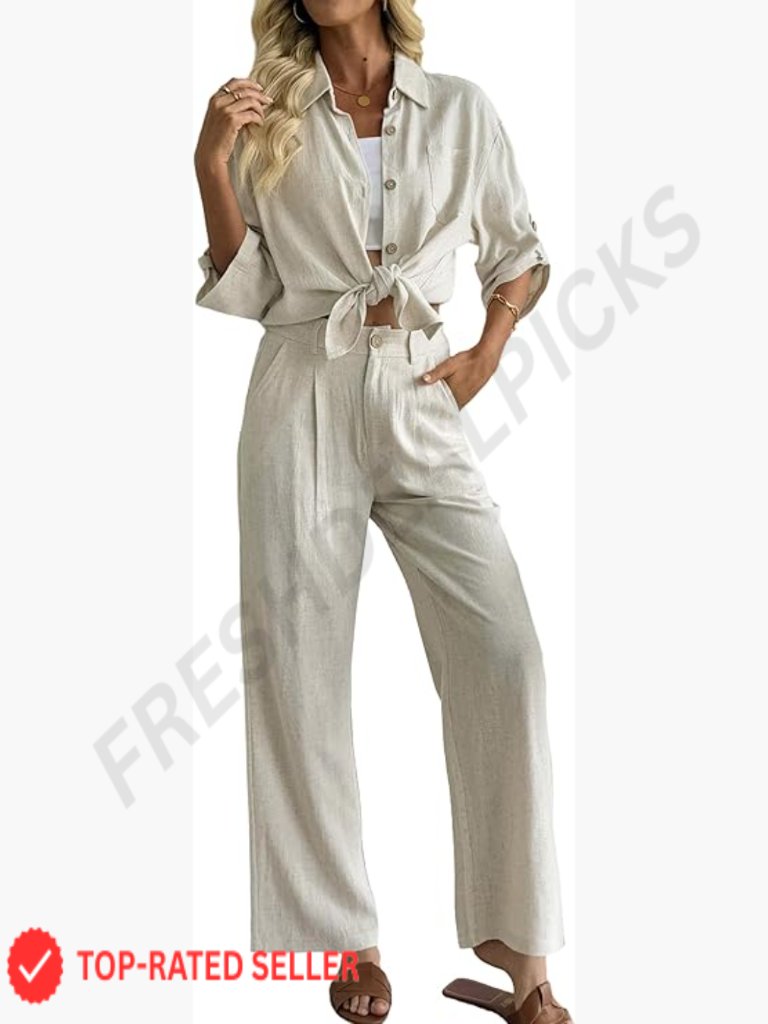 Linen Blend Button Down Shirt Wide Leg Pants Set Casual Vacation Lounge Wear